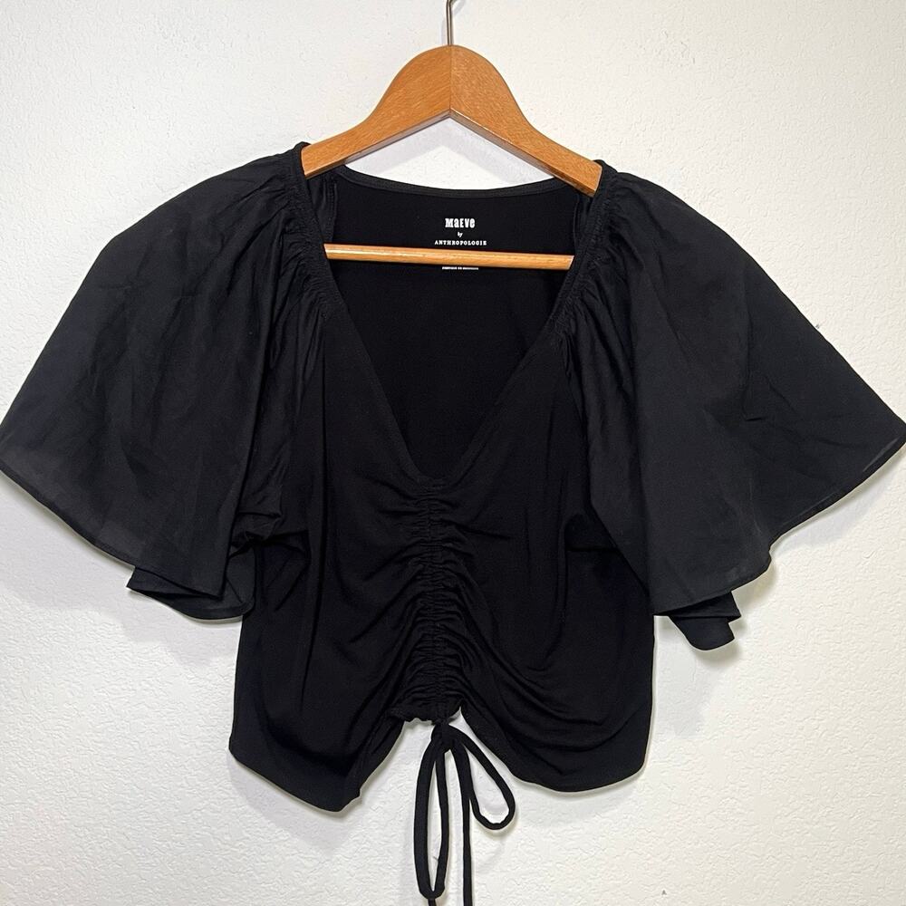 Maeve Anthropologie Top Womens Size S Black Ruched Tie Flutter Sleeve Feminine
